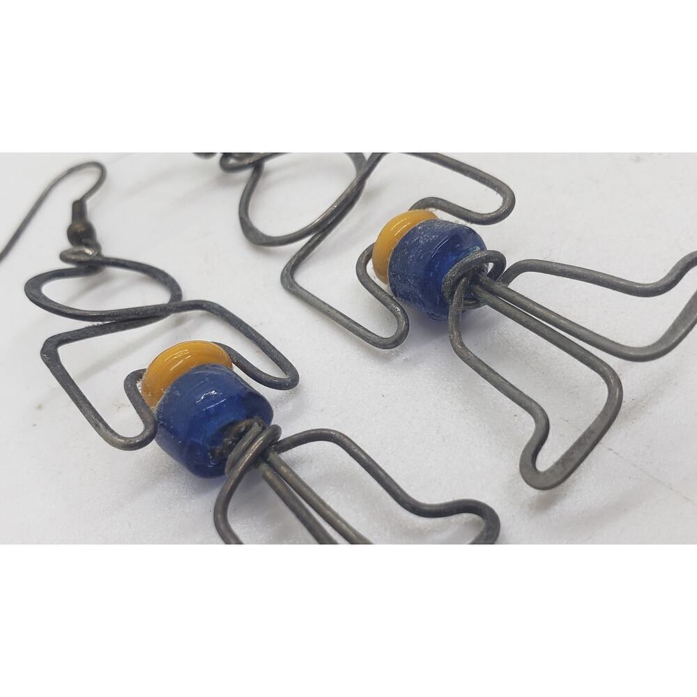 Vintage Earrings Wire Figural Man Person Handmade 1970s Person Boho Glass Beads - Picture 5 of 8